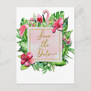 Tropical Leaves Flamingos Summer Save the Date Announcement Postcard