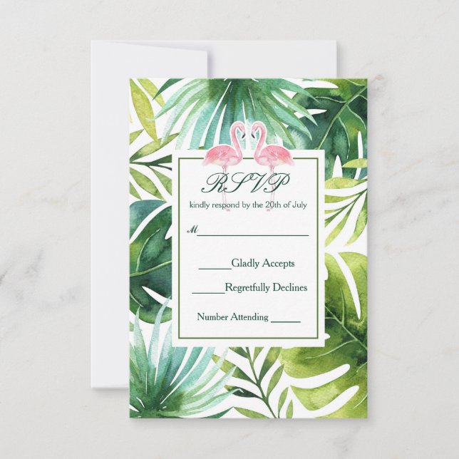 Tropical Leaves & Flamingos Summer Wedding RSVP (Front)