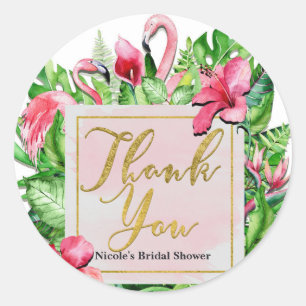 Tropical Leaves Flamingos Thank You Party Favour Classic Round Sticker