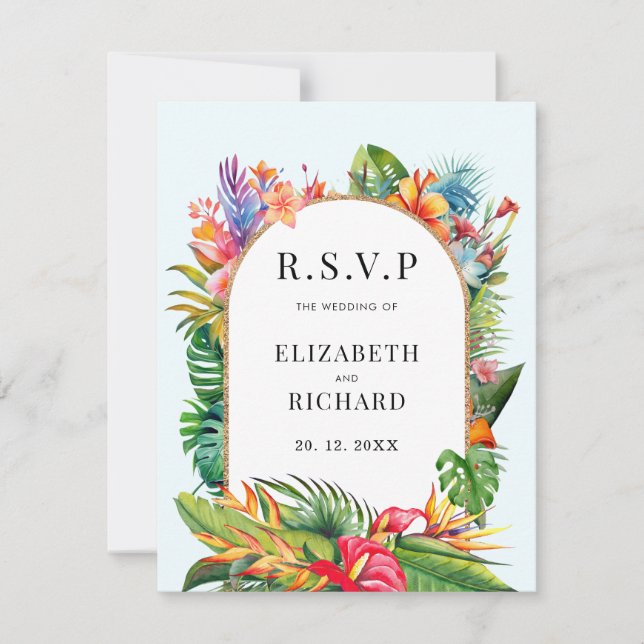 Tropical Leaves Floral Beach Wedding RSVP Card (Front)
