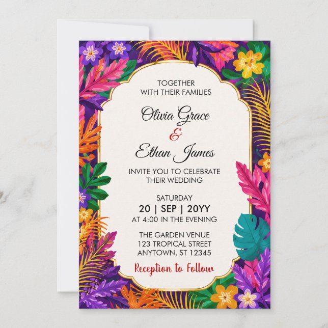 Tropical Leaves Floral Design Wedding Invitation (Front)