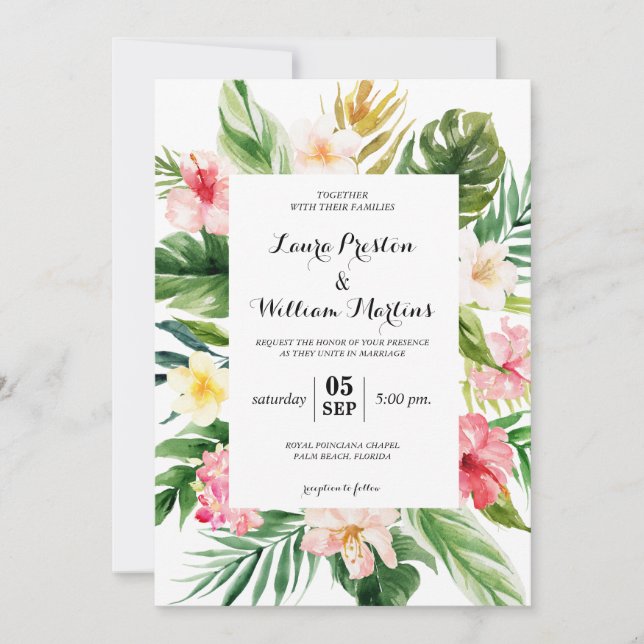 Tropical Leaves & Floral Geometric Frame Wedding Invitation (Front)