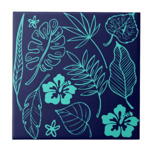 Tropical Leaves Floral Navy Turquoise Tile