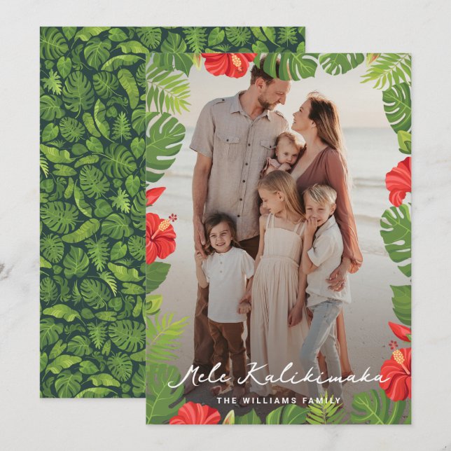 Tropical Leaves Floral Photo Mele Kalikimaka Holiday Card (Front/Back)