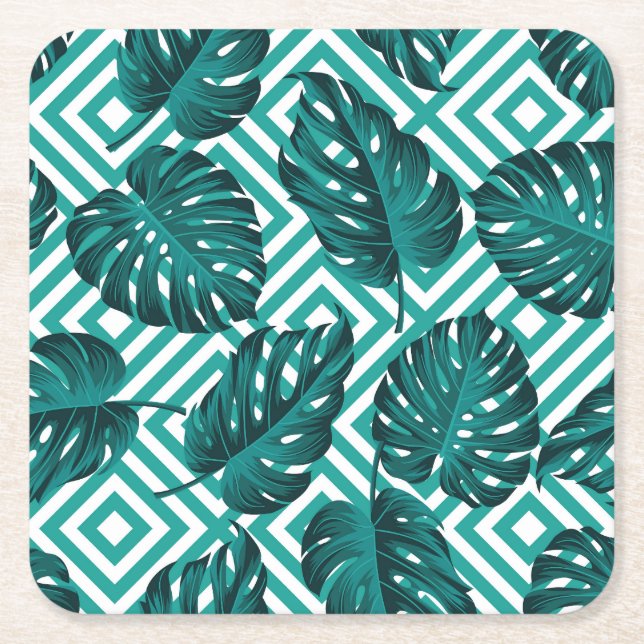 Tropical Leaves: Floral Seamless Pattern. Square Paper Coaster (Front)