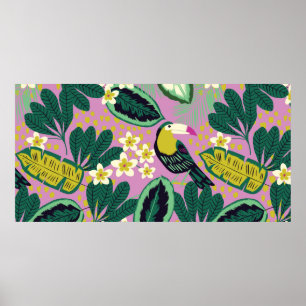 Tropical leaves,flowers and toucan bird seamless p poster