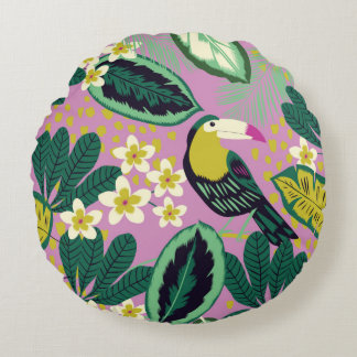 Tropical leaves,flowers and toucan bird seamless p round cushion