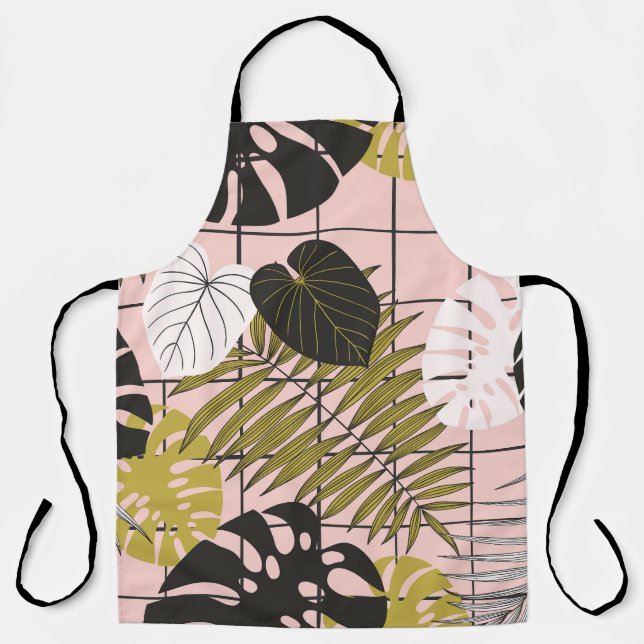 Tropical leaves, flowers, hand-painted pattern. apron (Front)