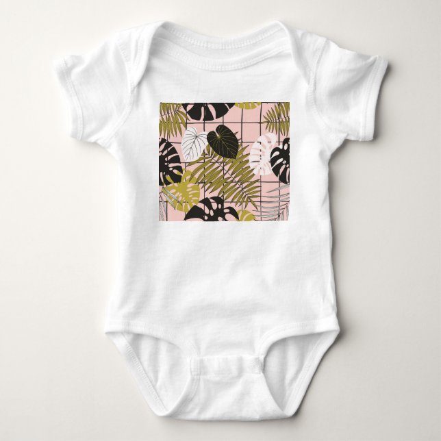 Tropical leaves, flowers, hand-painted pattern. baby bodysuit (Front)
