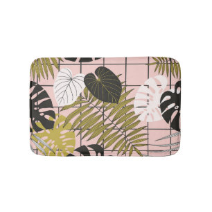 Tropical leaves, flowers, hand-painted pattern. bath mat
