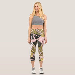 Tropical leaves, flowers, hand-painted pattern. capri leggings