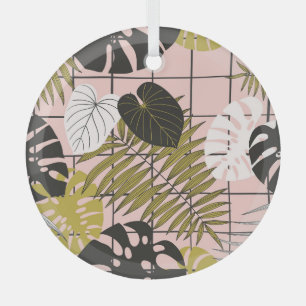 Tropical leaves, flowers, hand-painted pattern. glass tree decoration