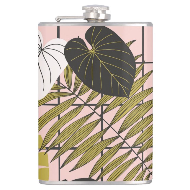 Tropical leaves, flowers, hand-painted pattern. hip flask (Front)