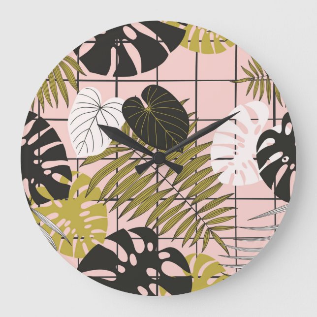 Tropical leaves, flowers, hand-painted pattern. large clock (Front)