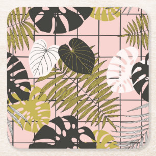 Tropical leaves, flowers, hand-painted pattern. square paper coaster