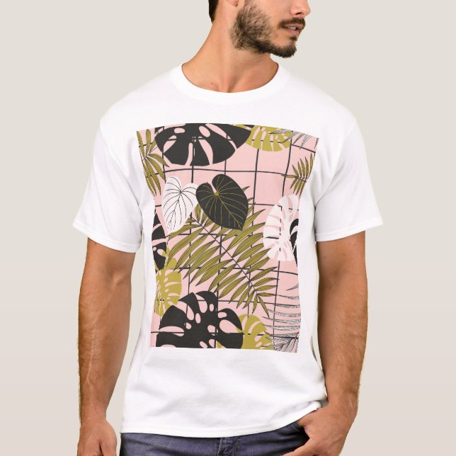 Tropical leaves, flowers, hand-painted pattern. T-Shirt (Front)