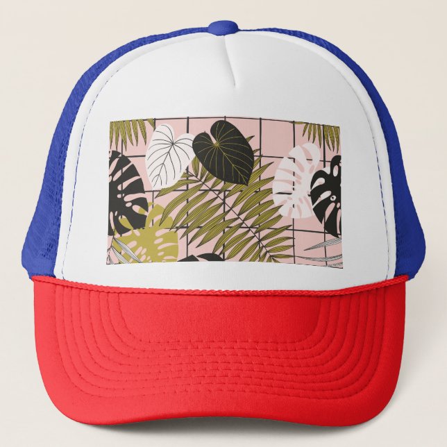 Tropical leaves, flowers, hand-painted pattern. trucker hat (Front)