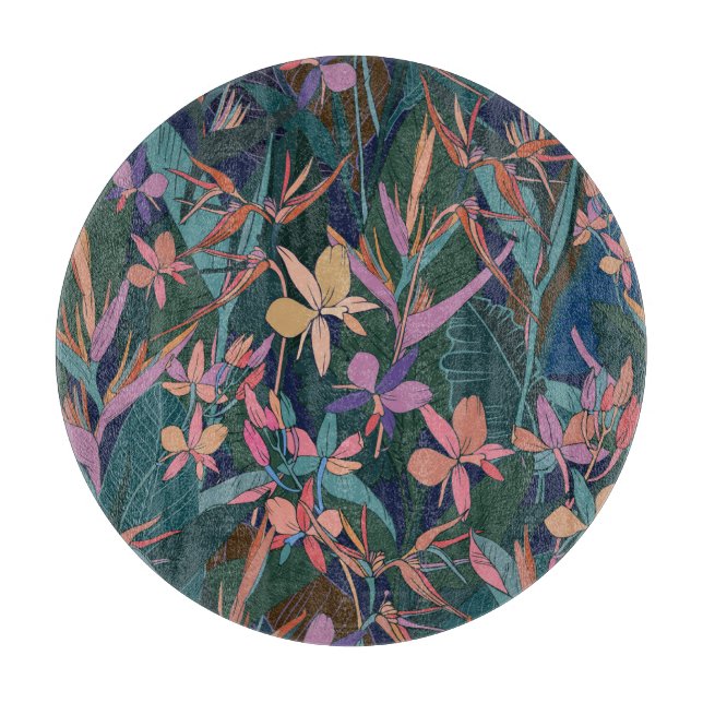 Tropical leaves, flowers: lined vintage. cutting board (Front)