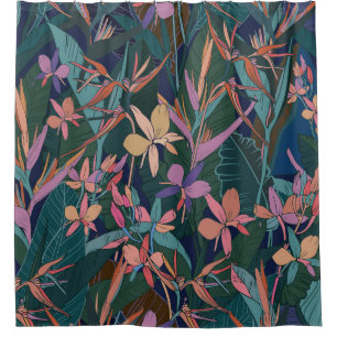Tropical leaves, flowers: lined vintage. shower curtain
