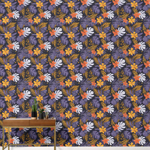 Tropical Leaves Flowers Purple Orange Yellow White Wallpaper