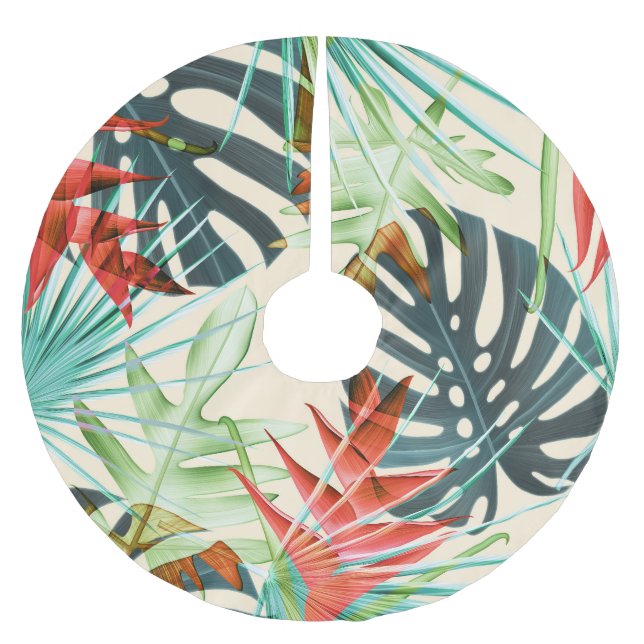 Tropical Leaves & Flowers: Vibrant Pattern Brushed Polyester Tree Skirt (Front)