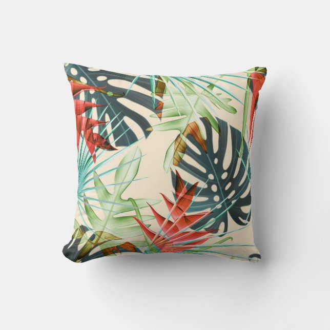 Tropical Leaves & Flowers: Vibrant Pattern Cushion (Front)