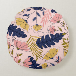 Tropical Leaves Flowers Vintage Print Round Cushion