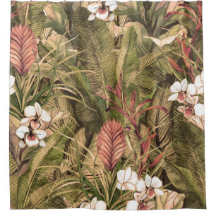 Tropical Leaves Flowers Watercolor Pattern Shower Curtain