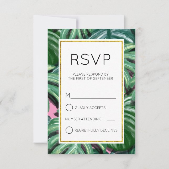 Tropical Leaves Foliage Green & Lush Simple RSVP Card (Front)