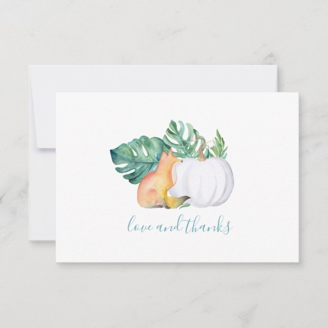 Tropical Leaves, Fox & Pumpkin Thank You Card (Front)