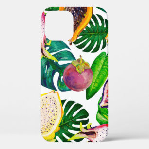 Tropical leaves, fruits, gouache seamless pattern. iPhone 12 case