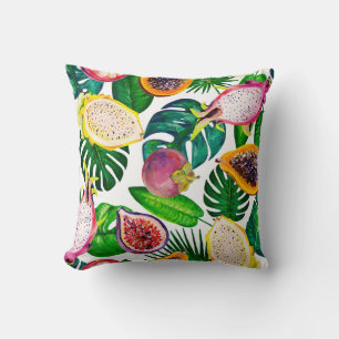 Tropical leaves, fruits, gouache seamless pattern. cushion