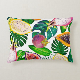 Tropical leaves, fruits, gouache seamless pattern. decorative cushion