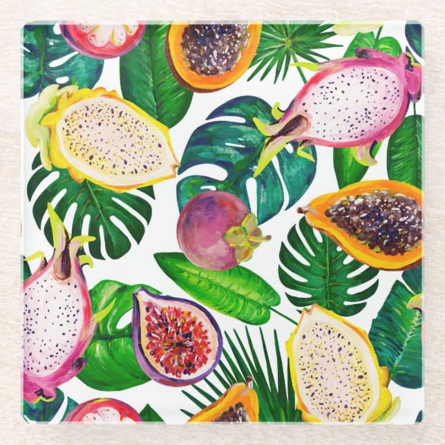 Tropical leaves, fruits, gouache seamless pattern. glass coaster (Front)