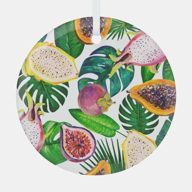Tropical leaves, fruits, gouache seamless pattern. glass tree decoration (Front)