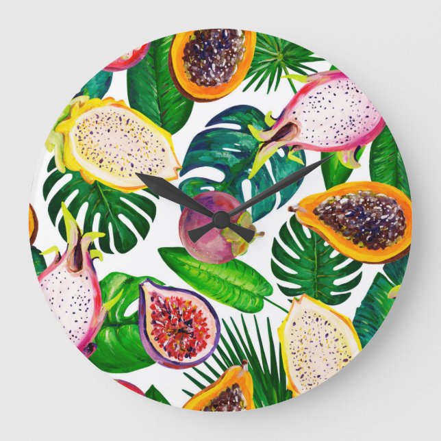 Tropical leaves, fruits, gouache seamless pattern. large clock (Front)