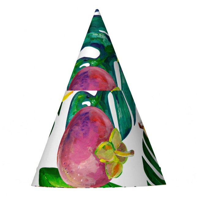 Tropical leaves, fruits, gouache seamless pattern. party hat (Front)