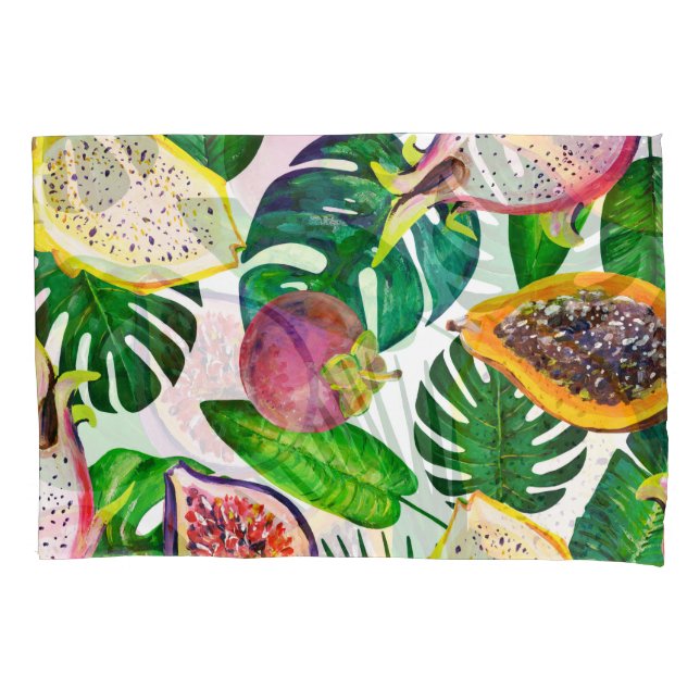 Tropical leaves, fruits, gouache seamless pattern. pillowcase (Front)