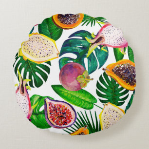 Tropical leaves, fruits, gouache seamless pattern. round cushion