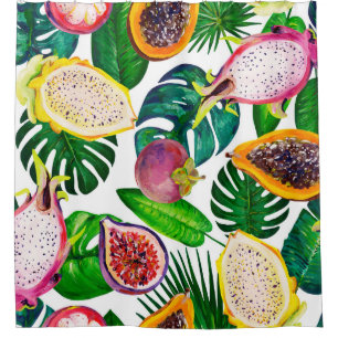 Tropical leaves, fruits, gouache seamless pattern. shower curtain