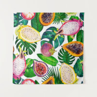 Tropical leaves, fruits, gouache seamless pattern.