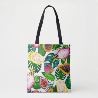Tropical leaves, fruits, gouache seamless pattern. tote bag