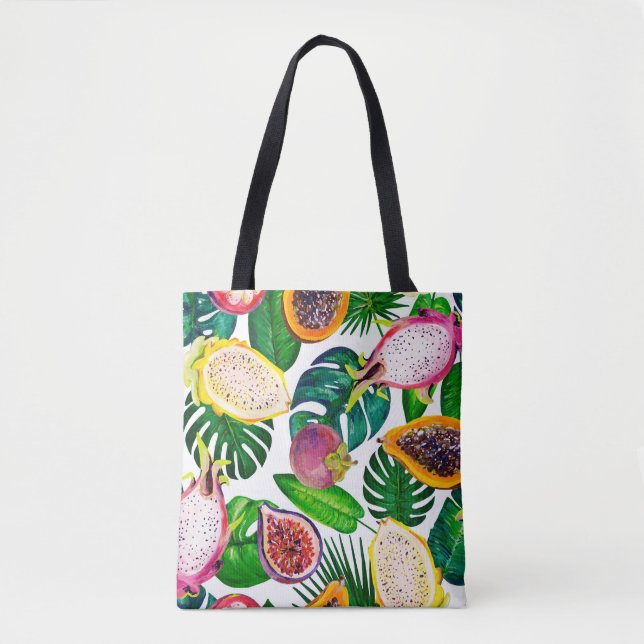 Tropical leaves, fruits, gouache seamless pattern. tote bag (Front)