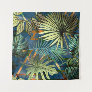 Tropical leaves, geometric shapes pattern tapestry