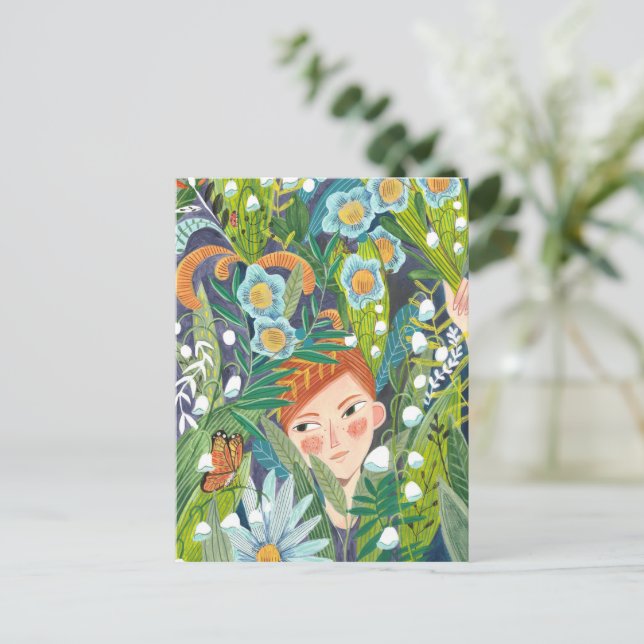 Tropical leaves girl modern green postcard (Standing Front)