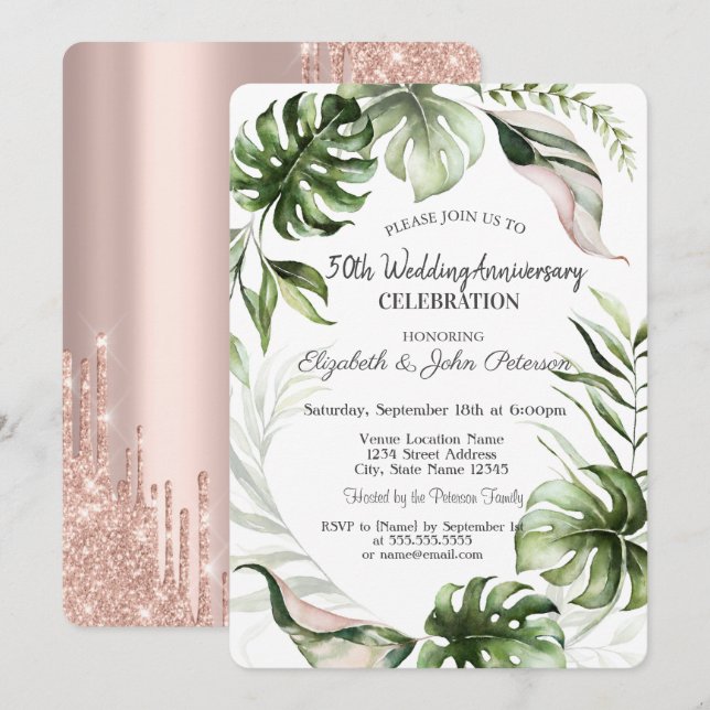 Tropical Leaves Glitter Drips Wedding Anniversary Invitation (Front/Back)