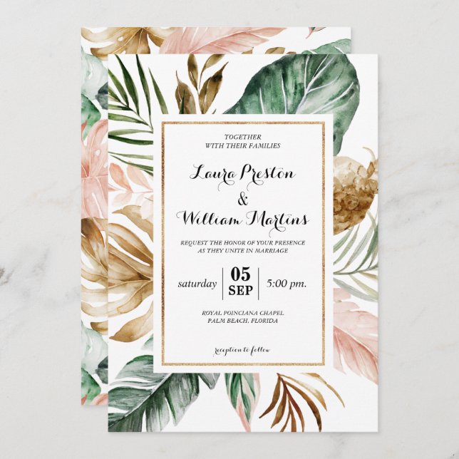 Tropical Leaves Glitter Geometric Frame Wedding Invitation (Front/Back)
