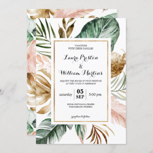 Tropical Leaves Glitter Geometric Frame Wedding Invitation