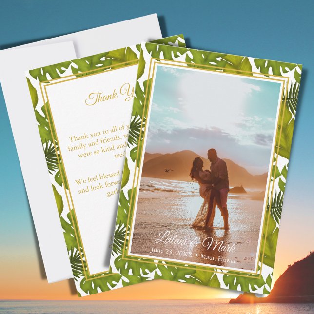 Tropical Leaves Gold Destination Wedding Photo  Thank You Card (Creator Uploaded)