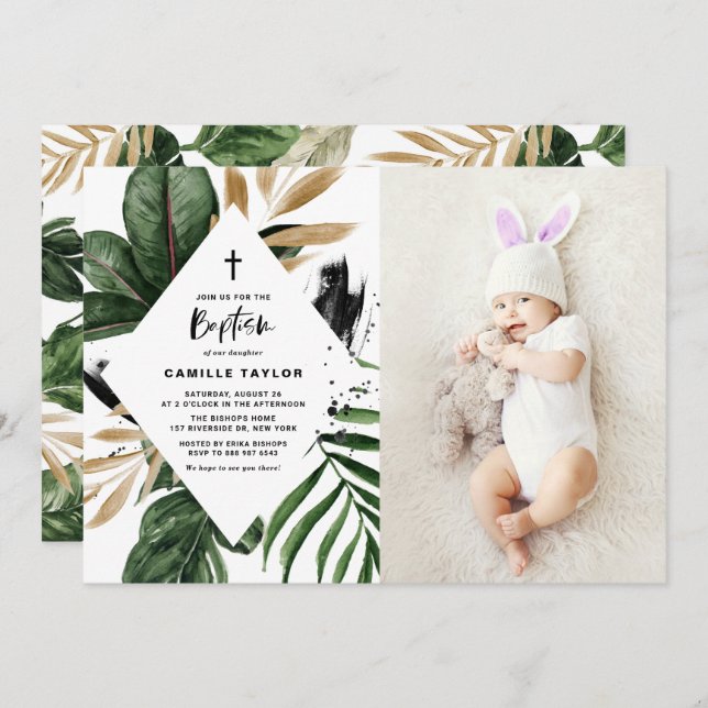Tropical Leaves Gold Foil Frame Photo Baptism Invitation (Front/Back)